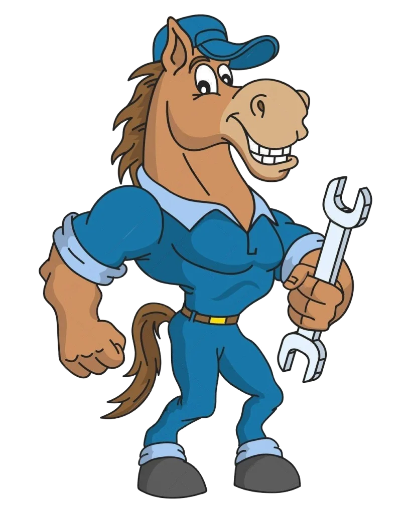 horse-repairman-happy-mechanic-blue-overalls-holding-wrench horse-repairman-happy-mechanic-blue-overalls-holding-wrench